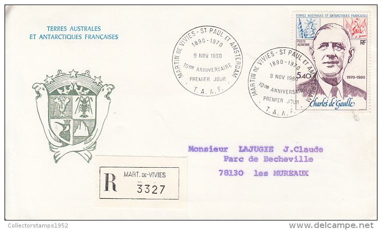 D8261- GENERAL CHARLES DE GAULLE DEATH ANNIVERSARY, REGISTERED SPECIAL COVER, OBLIT FDC, 1980, FRANCE-T.A.A.F. - De Gaulle (General)