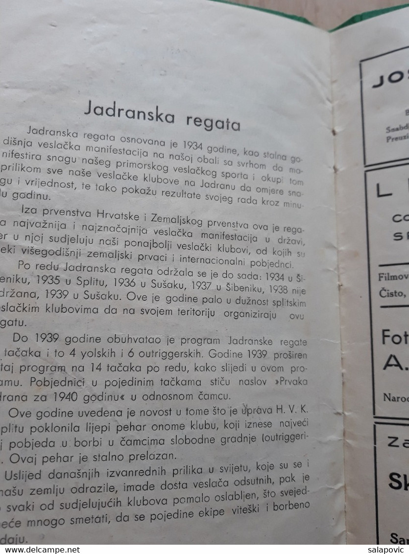 PROGRAM VESLACKIH UTAKMICA ZA PRVENSTVO JADRANA 1940 SPLIT, JADRANSKA REGATA   Rrrare - Rowing