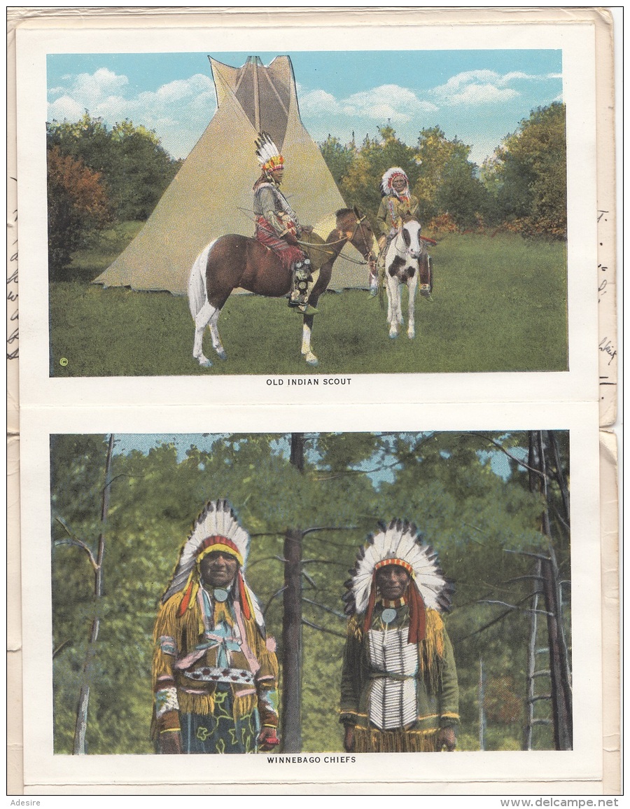 (12 Scan) INDIANS OF WISCONSIN DELLS - Ansichtskarten Mappe mit 18 Ansichten, 3 fach frank.,  gel.1932 v.WILWAUKEE ...