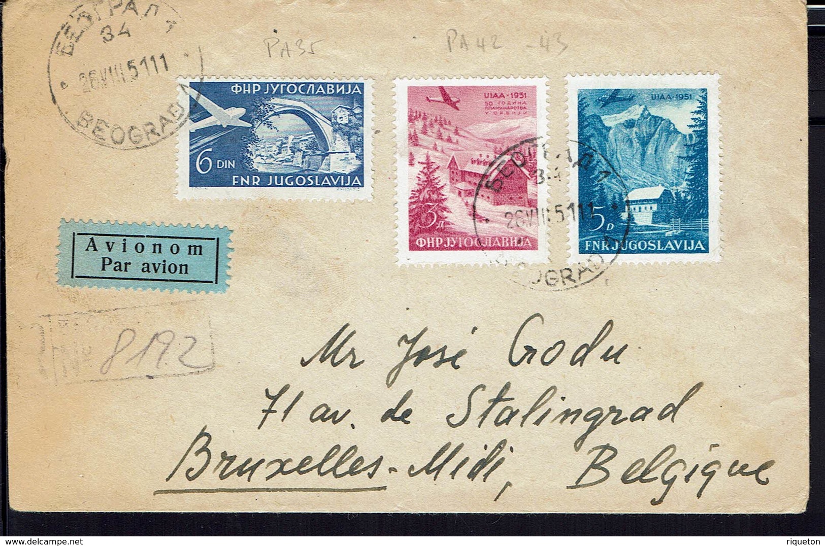 YOUGOSLAVIE - 1951 - Affr. De P. Aérienne à 14 Din Sur Enveloppe Recommandée, Par Avion, De Belgrade Pour Bruxelles - - Covers & Documents