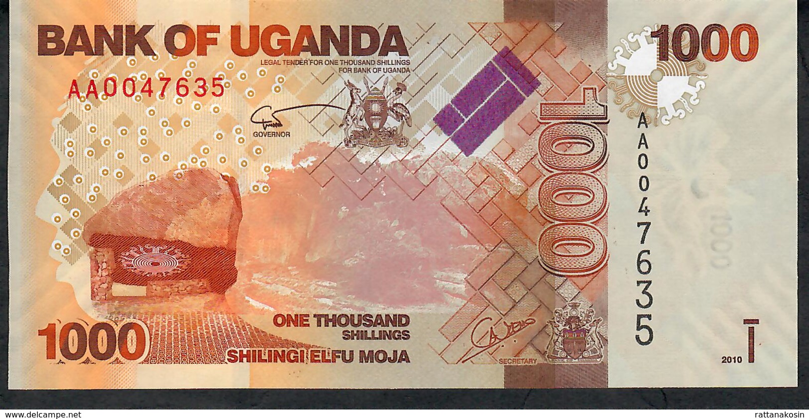 UGANDA P49a 1000 SHILINGI  2010 # AA0047635   FIRST DATE FIRST PREFIX LOW#  UNC. - Uganda