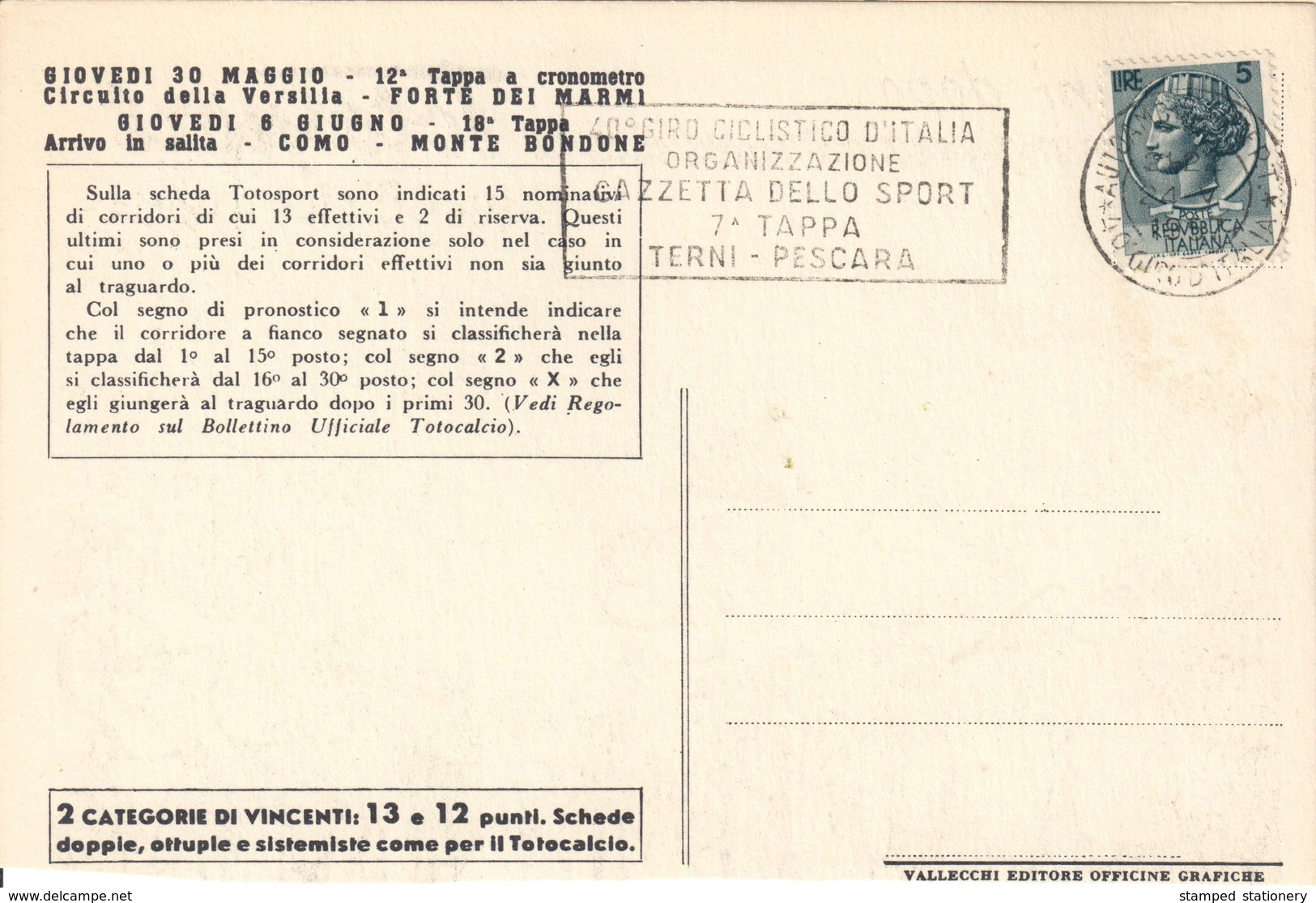 40° GIRO ITALIA ANNO 1957 - PRESENTI 19 CARTOLINE SU 21 DELLE TAPPE - MANCANO LA 2.a E LA 18.ma TAPPA - TAGLIO SPOSTATO