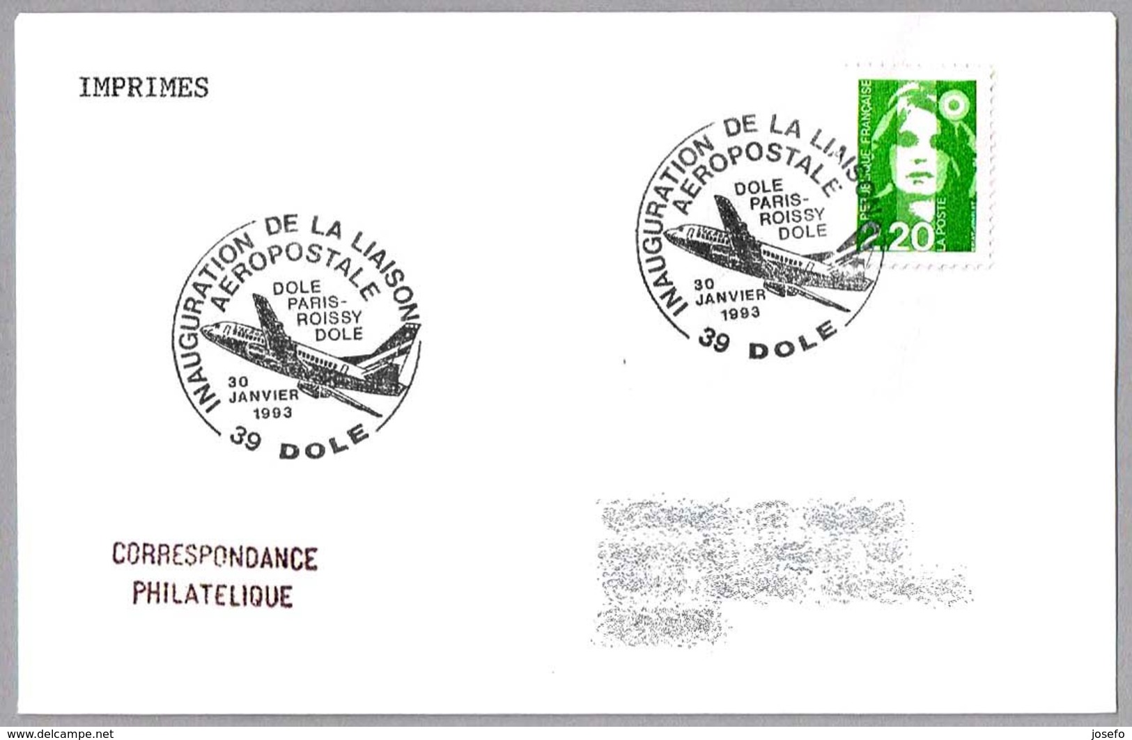 INAUGURACION LINEA AEROPOSTAL DOLE-PARIS ROISSY-DOLE. Dole 1993 - Correo Postal