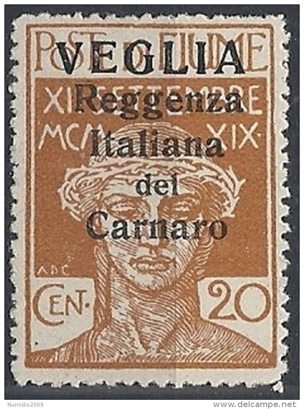 1920 VEGLIA REGGENZA DEL CARNARO 20 CENT I TIPO MH * - RR12202 - Arbe & Veglia