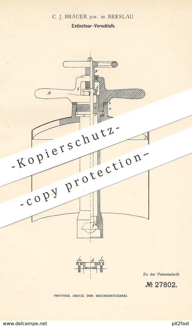 Original Patent - C. J. Bräuer , Breslau , 1883 , Extinkteur - Verschluss | Dichtung , Schraube , Schwefelsäure !!! - Historische Dokumente