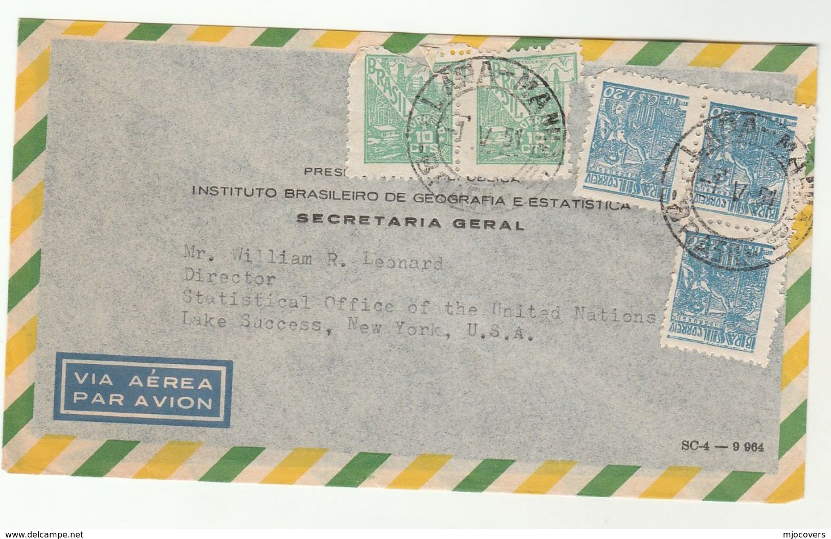 1951 Brazil SEC GENERAL GEOGRAPHY INST To UN DIRECTOR STATISTICS USA United Nations Stamps Airmail - Covers & Documents