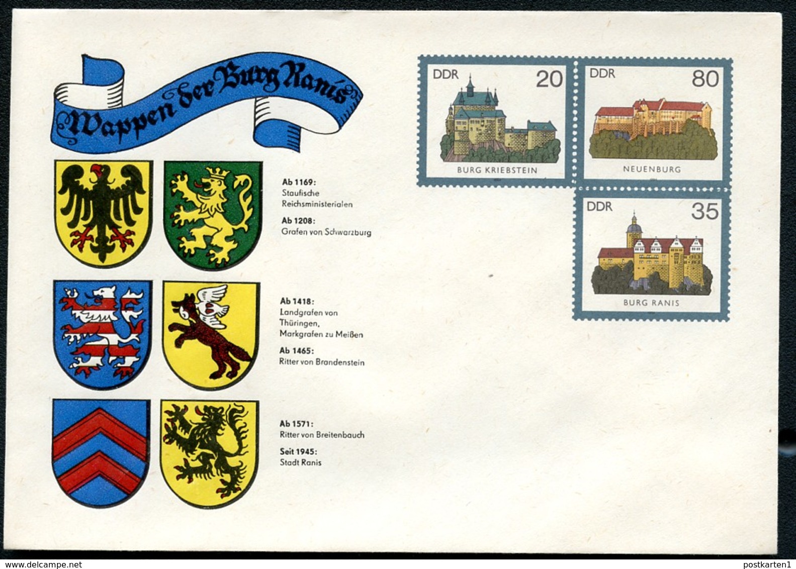 DDR U1-1-85 C2 UMSCHLAG Burgen Der DDR ZUDRUCK WAPPEN RANIS 1985  NGK 22,00 € - Privé Briefomslagen - Ongebruikt