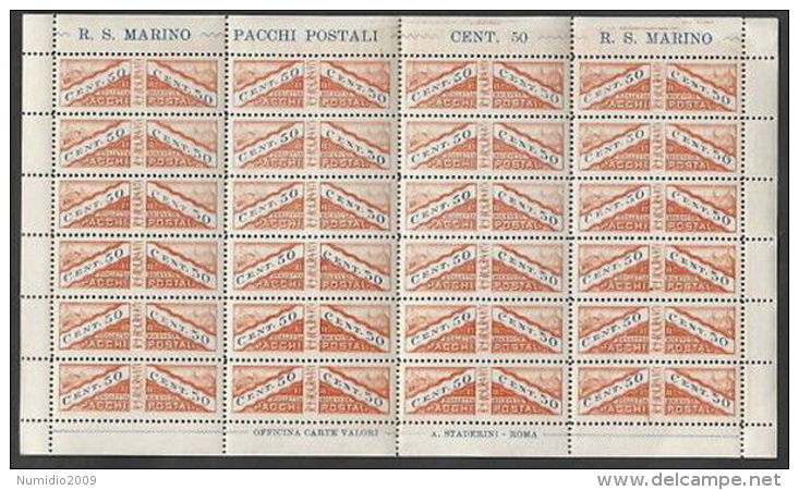 1928 SAN MARINO PACCHI POSTALI 50 CENT FOGLIO CON DECALCO - Parcel Post Stamps