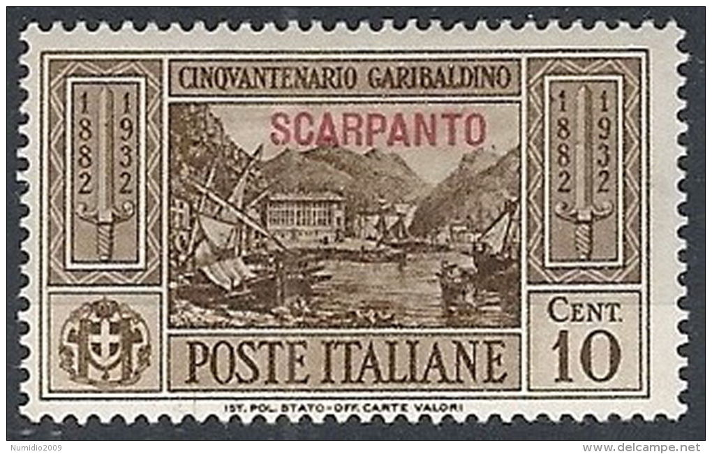 1932 EGEO SCARPANTO GARIBALDI 10 CENT MH * - RR12416 - Egeo (Scarpanto)