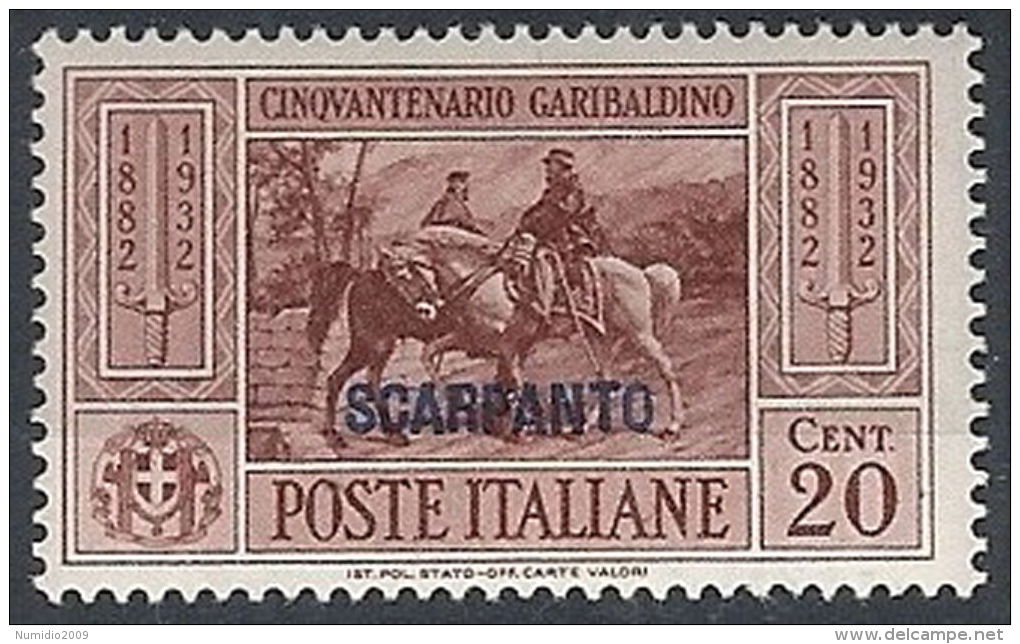 1932 EGEO SCARPANTO GARIBALDI 20 CENT MH * - RR12416 - Egeo (Scarpanto)