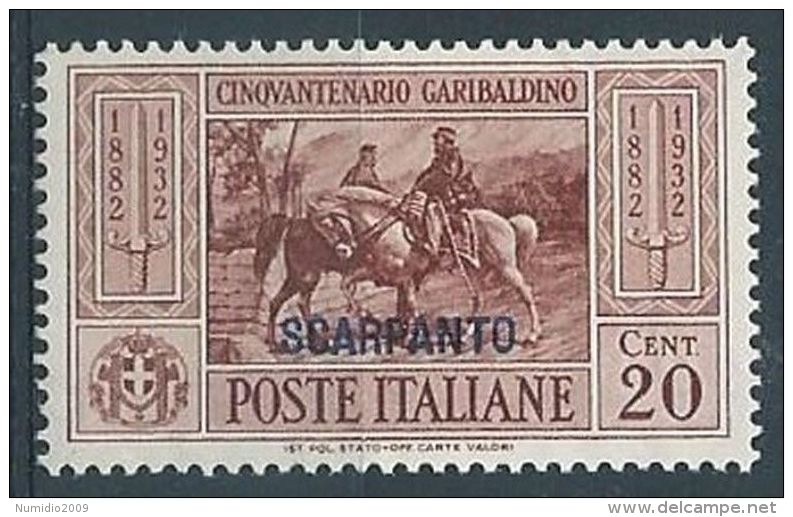 1932 EGEO SCARPANTO GARIBALDI 20 CENT MH * - RR4489 - Egeo (Scarpanto)