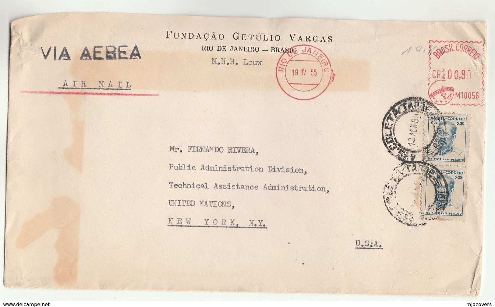 1955 BRAZIL Getulio Vargas Foundation To UN NY USA Franked Meter & Stamps COVER United Nations Airmail - Covers & Documents