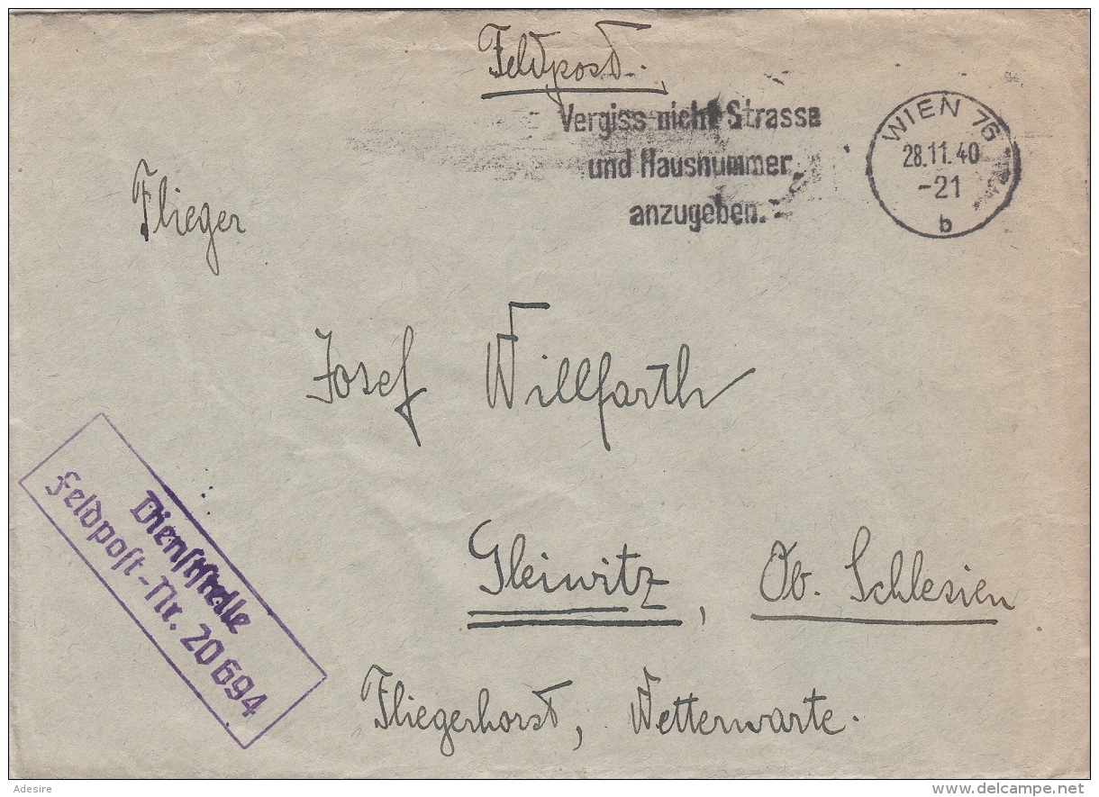 1940 FLIEGER FELDPOST BRIEF (mit Inhalt), Gel.v.WIEN &gt; GLEIWITZ Oberschlesien, Fliegerhorst Wetterwarte - Briefe U. Dokumente