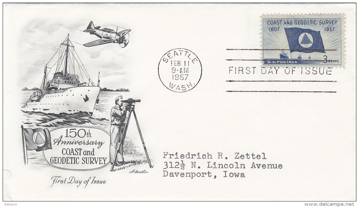 USA 1957 - FDC Brief 3 C 150th Anniversary COAST And GEODETIC SURVEY, Stempel Seattle - 1951-1960