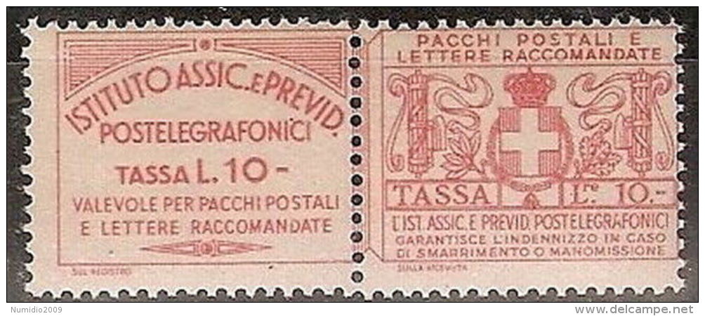 1936 REGNO FRANCOBOLLI ASSICURATIVI 10 LIRE MNH ** CERTIFICATO - Verzekerd