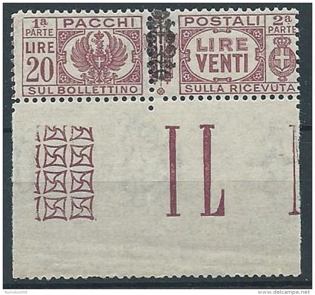 1945 LUOGOTENENZA PACCHI POSTALI 20 LIRE LUSSO MNH ** - RR13768 - Paketmarken