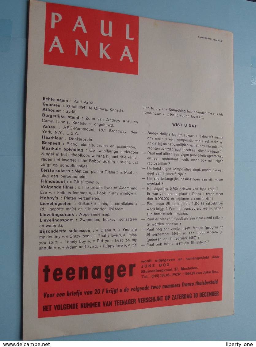 TEENAGER Nr. 1 - 1 Sept 1960 - PAUL ANKA ( Juke Box - Mechelen ) ! - Andere & Zonder Classificatie