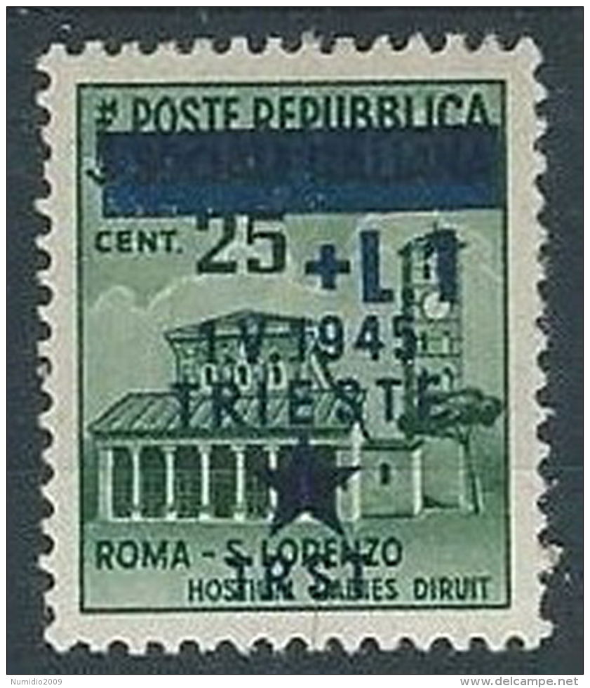 1945 OCCUPAZIONE JUGOSLAVA TRIESTE 1 LIRA SU 25 VARIETà  MH * - RR11897 - Yugoslavian Occ.: Trieste