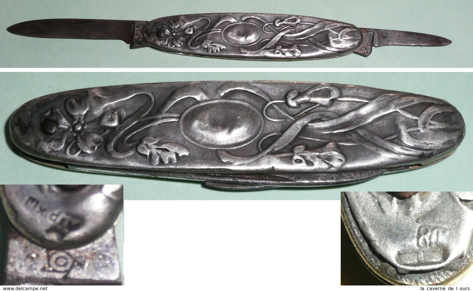 Petit Couteau Pliant à 2 Lames, Plaquettes Embouties En Argent 800, Style Art Nouveau - Outils Anciens