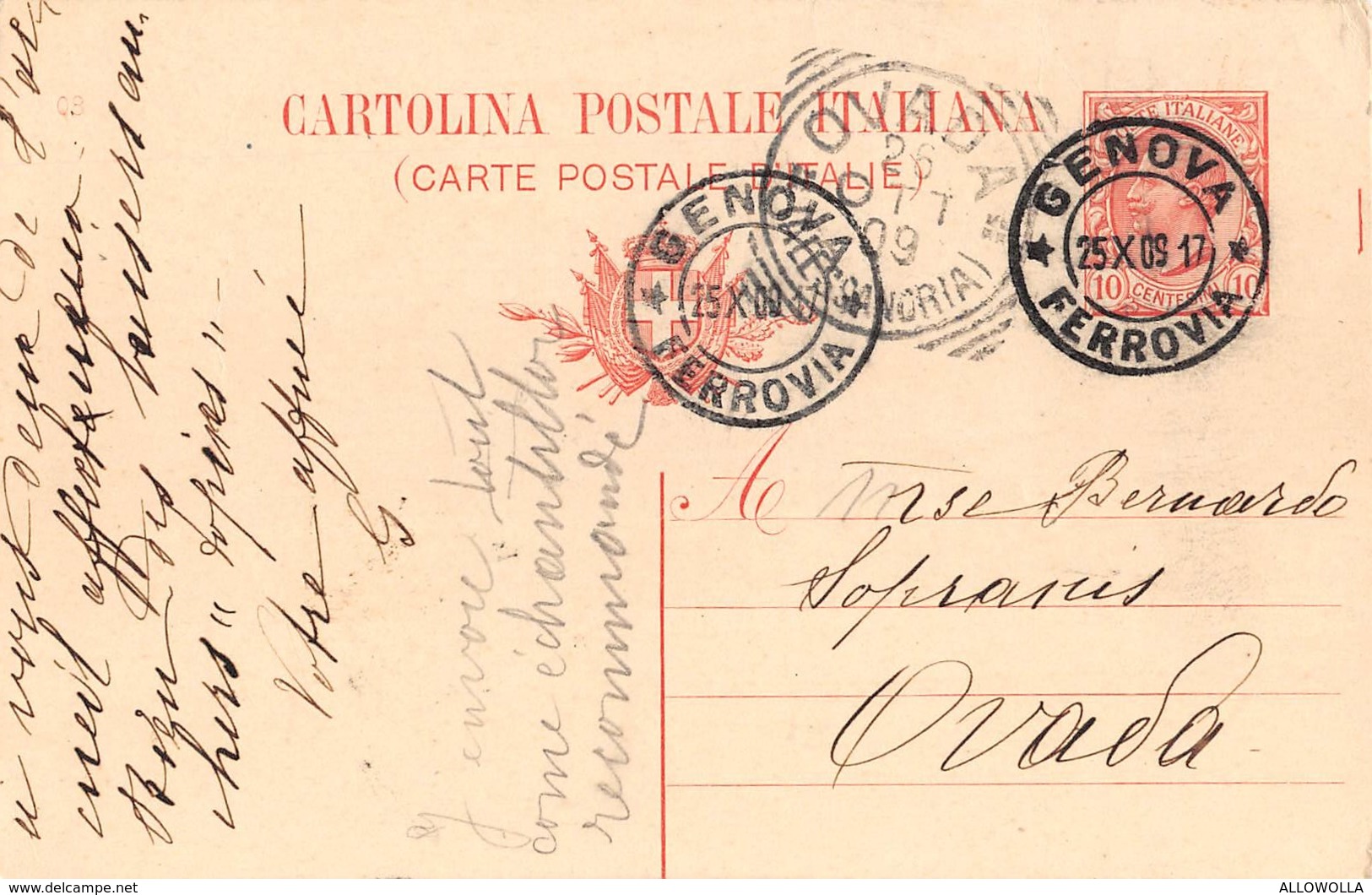 1023 " STORIA POSTALE-CARTOLINA A BERNARDO SOPRANIS - OVADA " CART. POSTALE ORIG. SPED. - Altri & Non Classificati