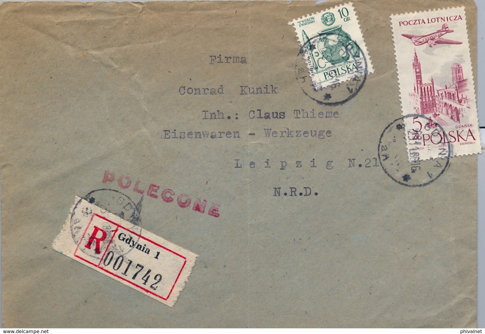 1966 , POLONIA , SOBRE CERTIFICADO , GDYNIA - LEIPZIG - Lettres & Documents