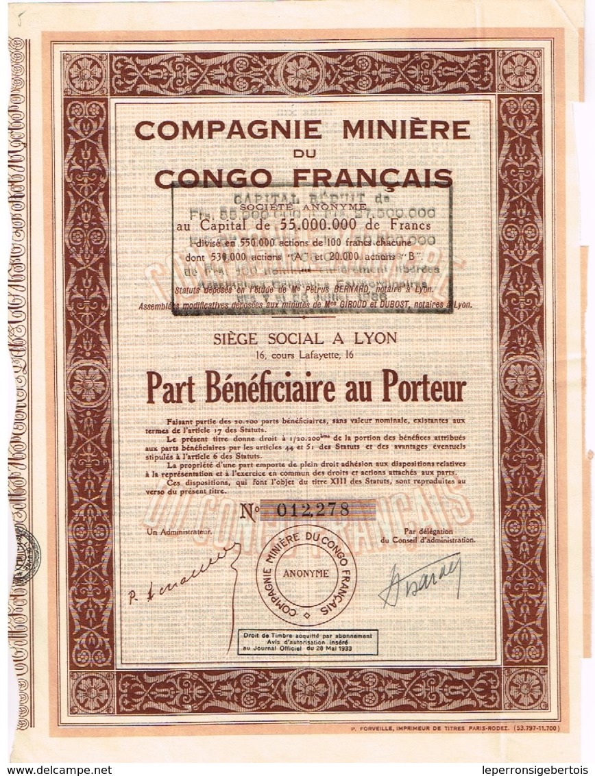 Action Ancienne - Compagnie Minière Du Congo Français - Titre De 1933 - N° 012.278 - Afrika