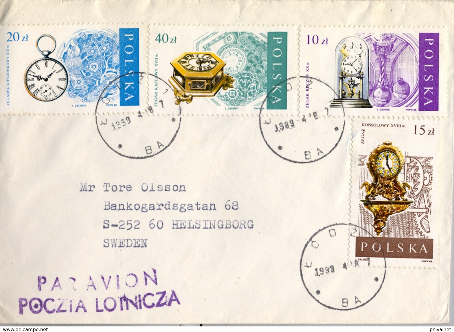 1989 , POLONIA , SOBRE CIRCULADO, CORREO AÉREO , LODZ - HELSINGBORG , RELOJES ANTIGUOS , RELOJERIA - Brieven En Documenten