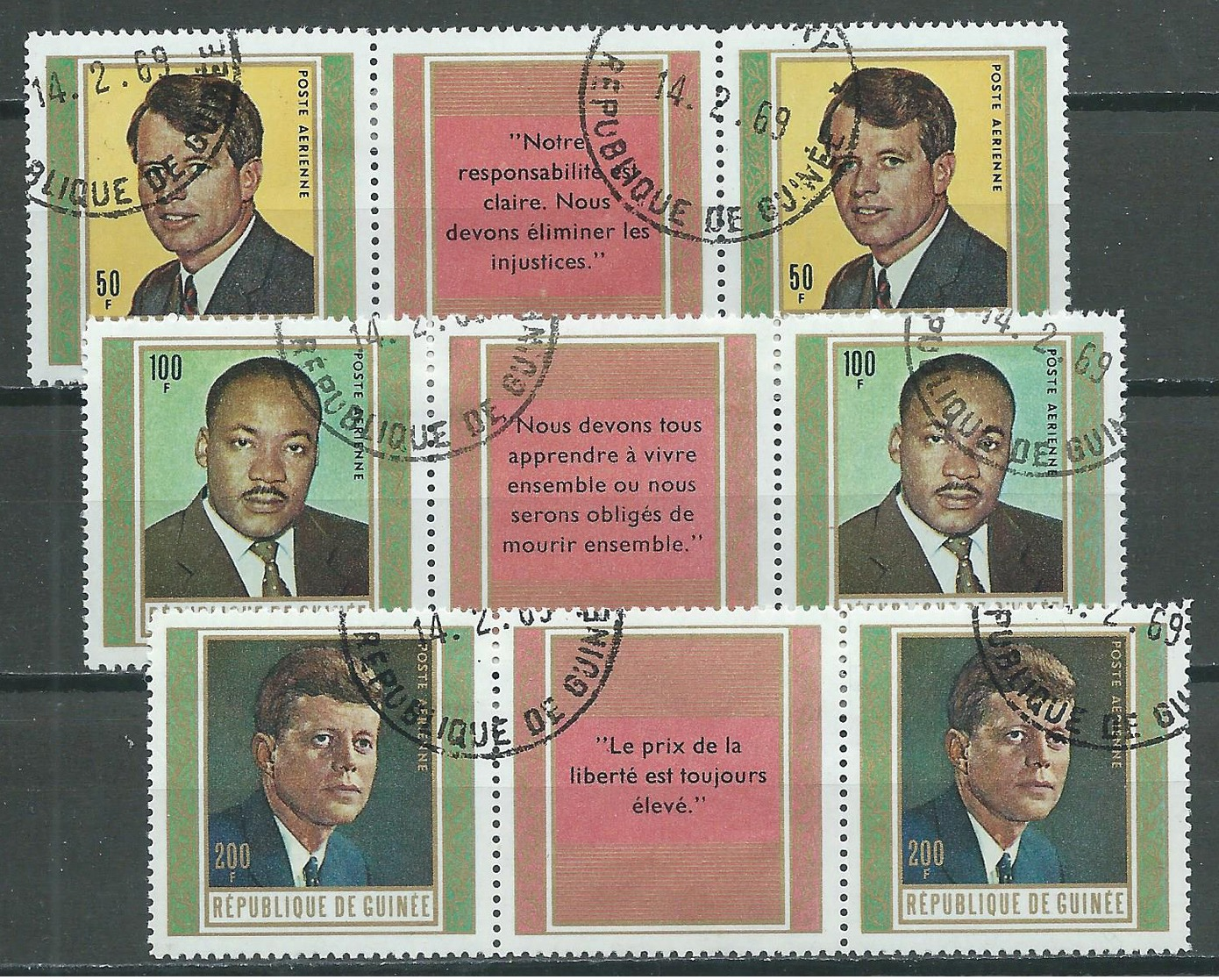 Guinée Poste Aérienne YT N°88/90 Robert Et John Kennedy - Martin L. King (paire Vignette Français Se-tenant) Oblitéré ° - Guinea (1958-...)