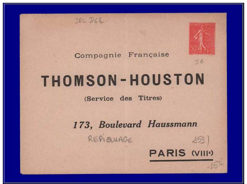 FRANCE Entiers Postaux Yvert:Enveloppe 199, 50c. Lignée Repiquage ""Thomson Houston""      - Qualité: N - Autres & Non Classés