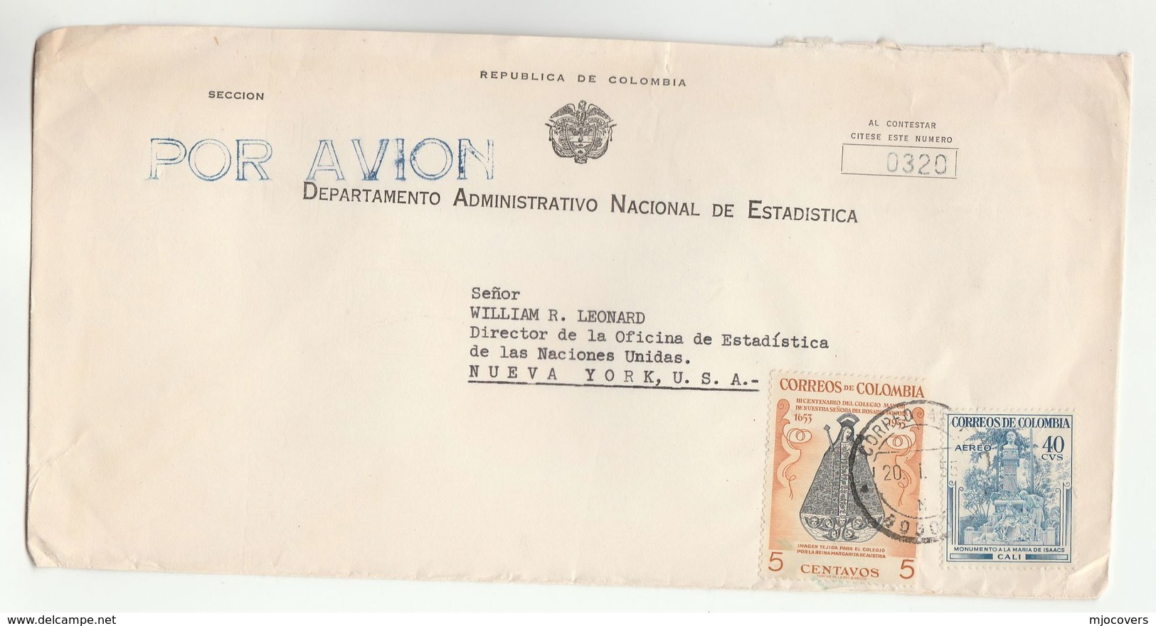 1955 COLOMBIA National STATISTICS OFFICE To UN STATISTICS DIRECTOR USA  United Nations Cover  Stamps Airmail - Colombia