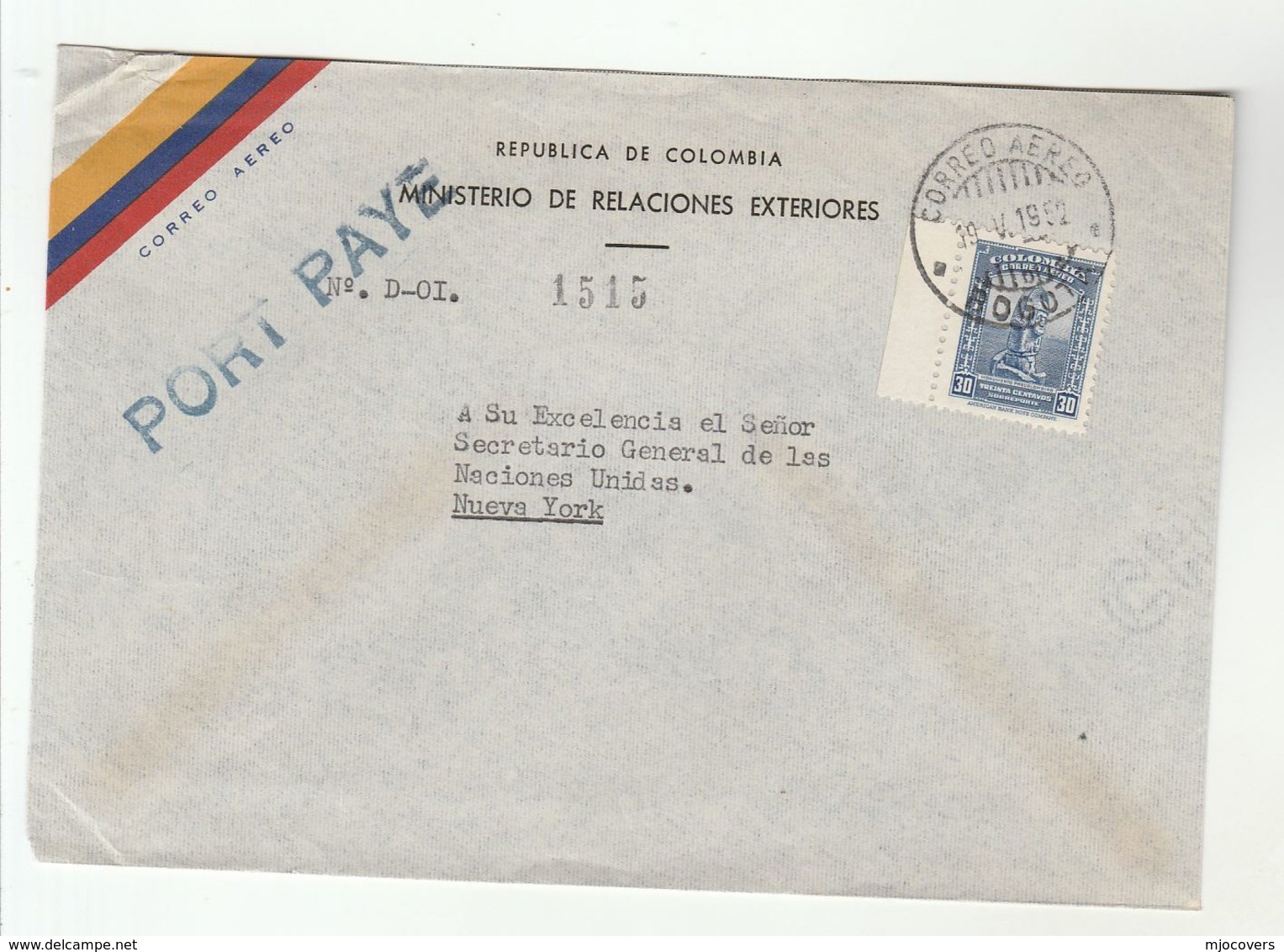 1952 COLOMBIA FOREIGN MINISTRY COVER To UN SECRETARY GENERAL United Nations USA Stamps Airmail - UNO