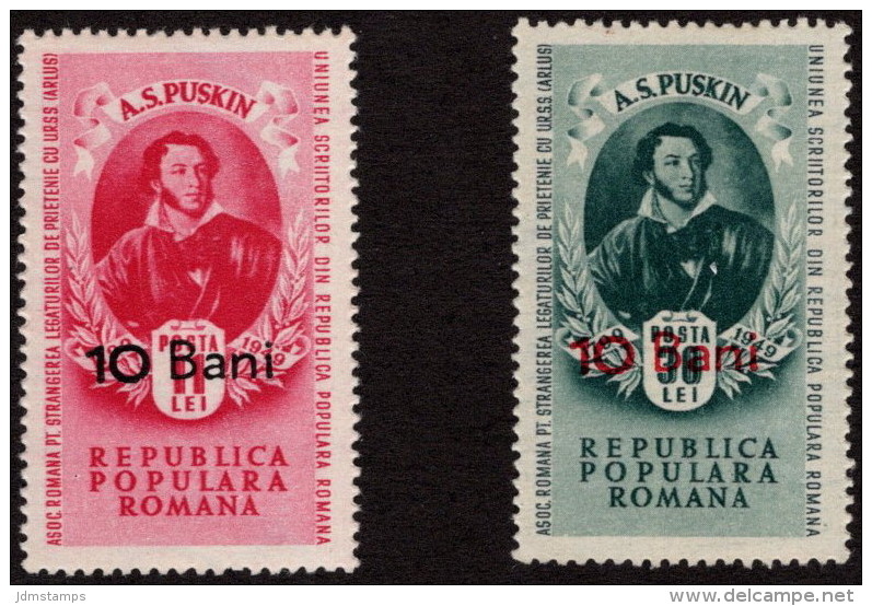 ROM SC #821-2 MNH 1952 Aleksander S. Pushkin W/surchg CV $8.00 - Unused Stamps