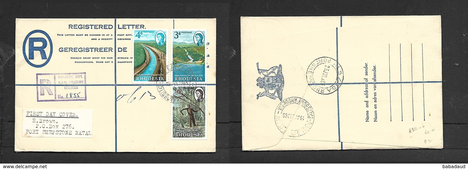 Water Conservation,  FIRST DAY OF ISSUE SALISBURY RHODESIA 19 JY 1965, Registered > PORT SHEPSTONE R.L.S. (Natal) - Rhodesia (1964-1980)