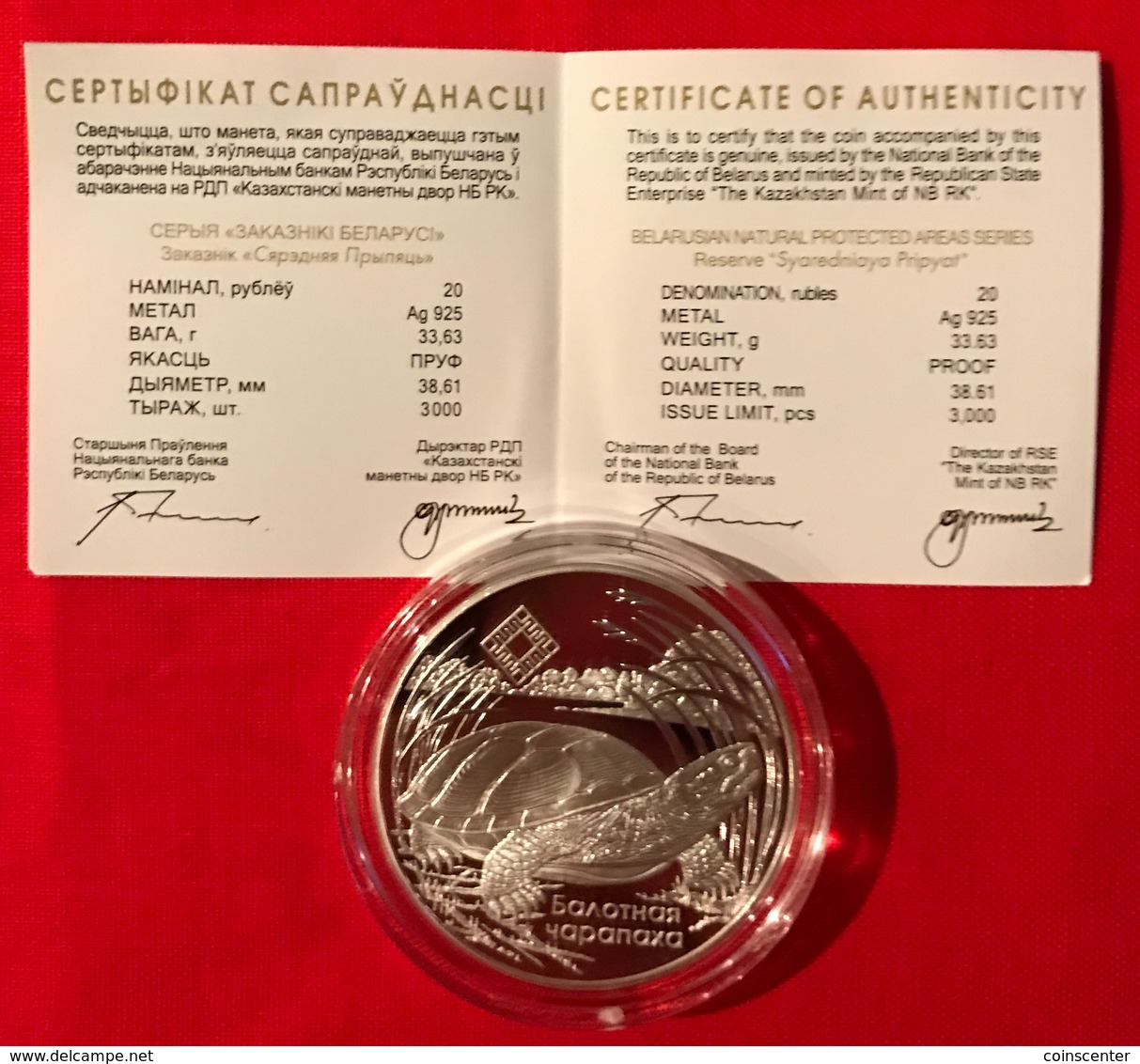 Belarus 20 Roubles 2010 "Middle Pripyat - Pond Turtle" Silver AG PROOF - Belarus