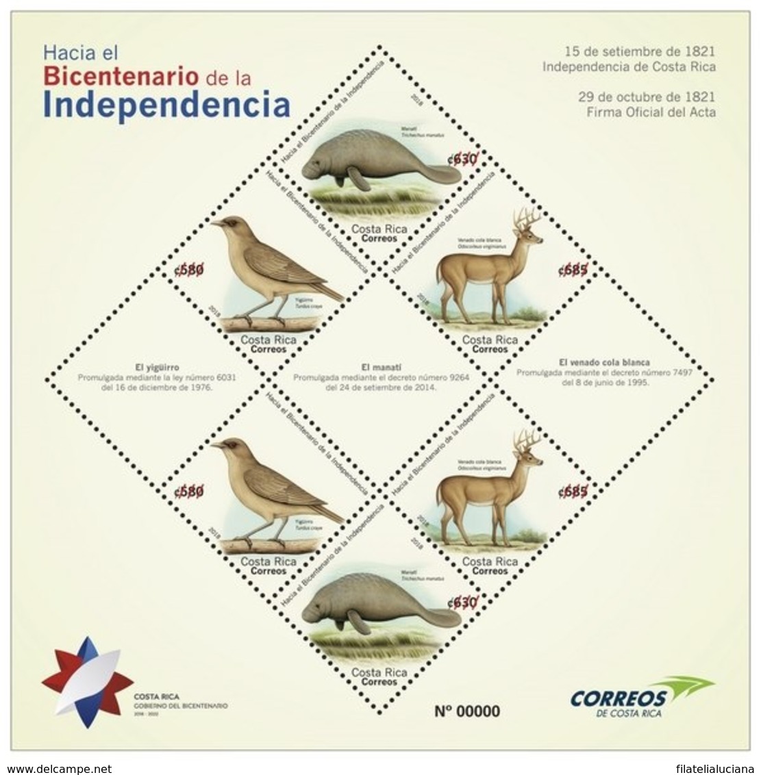 Costa Rica 2018 Bicentenary Of The Independence Local Manati, Birds Deer Flag - Songbirds & Tree Dwellers