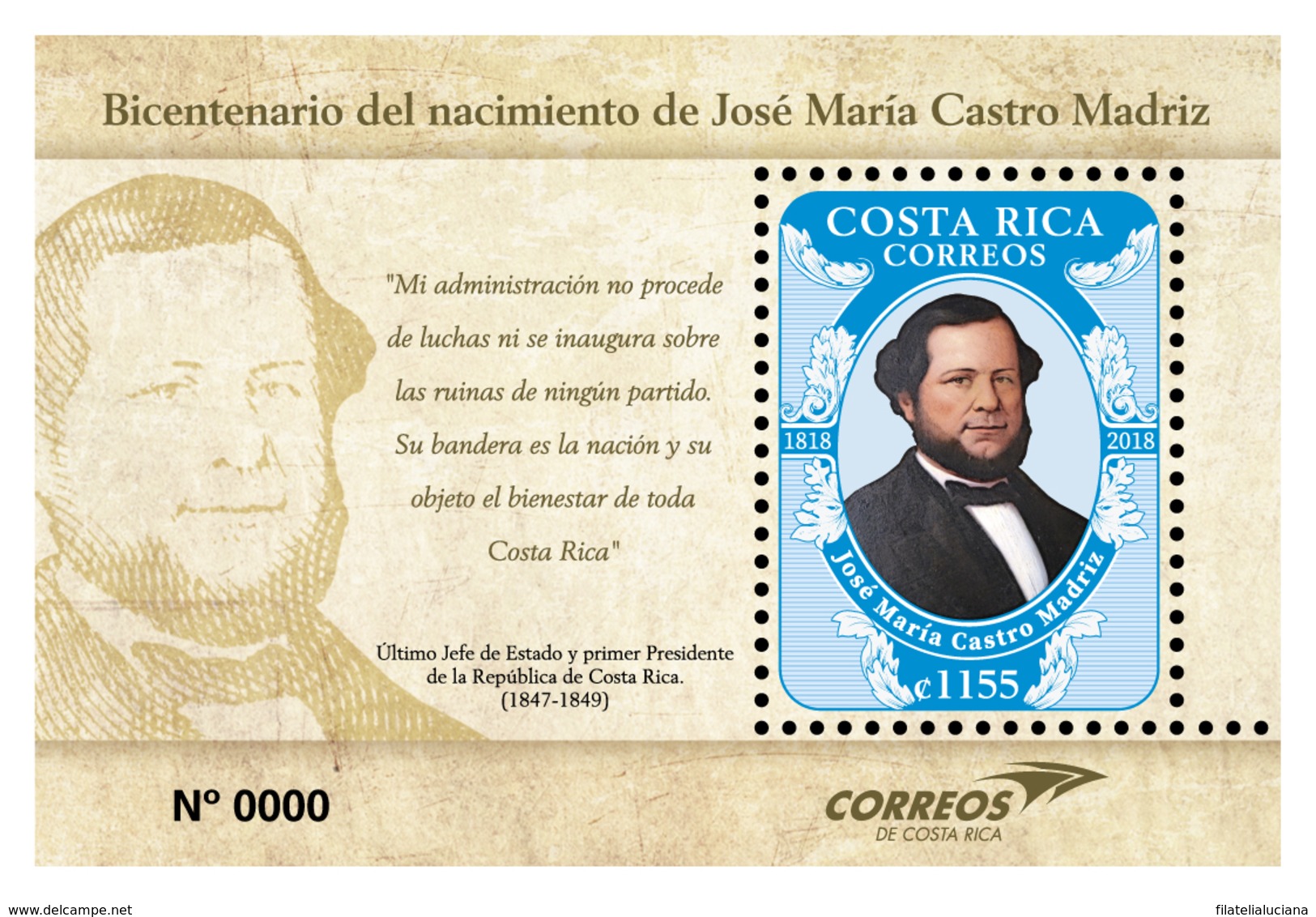 Costa Rica New Issue MNH First President José Marío Castro Madriz - Costa Rica