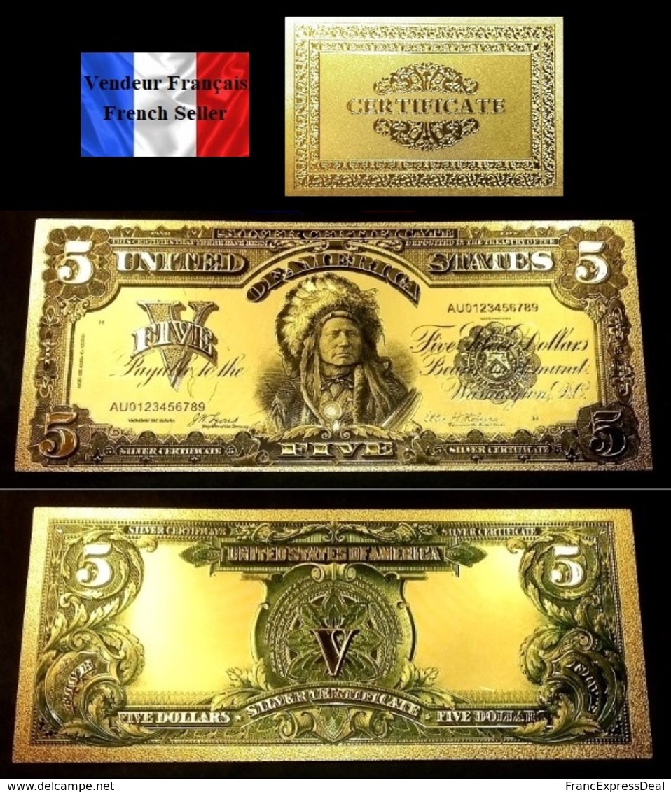 Billet Plaqué OR Et ARGENT Couleur + Certificat ! ( Color GOLD And SILVER Banknote ) - 5 Dollars 1899 18,8 Cm X 7,9 Cm ! - Autres & Non Classés