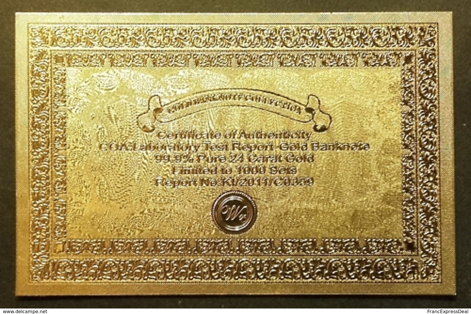 Billet plaqué OR et ARGENT Couleur + Certificat ! ( Color GOLD and SILVER Banknote ) - 5 Dollars 1899 18,8 cm x 7,9 cm !