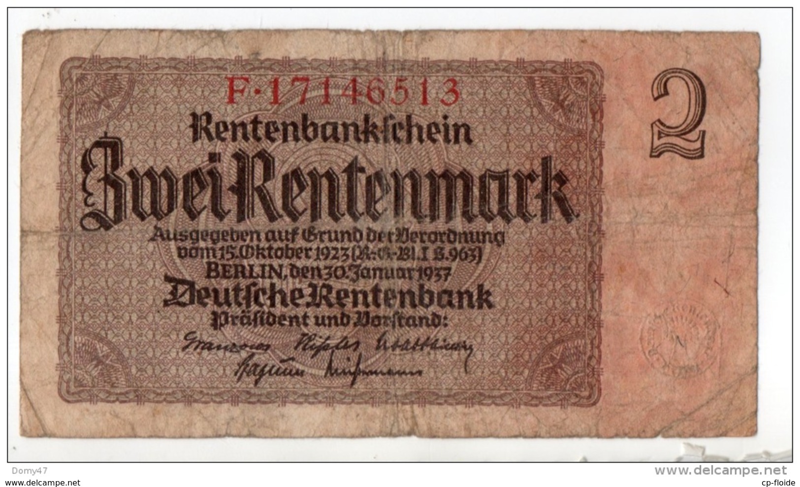 ALLEMAGNE . DEUTSCHE RENTENBANK . ZWEI RENTENMARK . BERLIN 30 JANUAR 1937 - Réf. N°10821 - - Autres & Non Classés