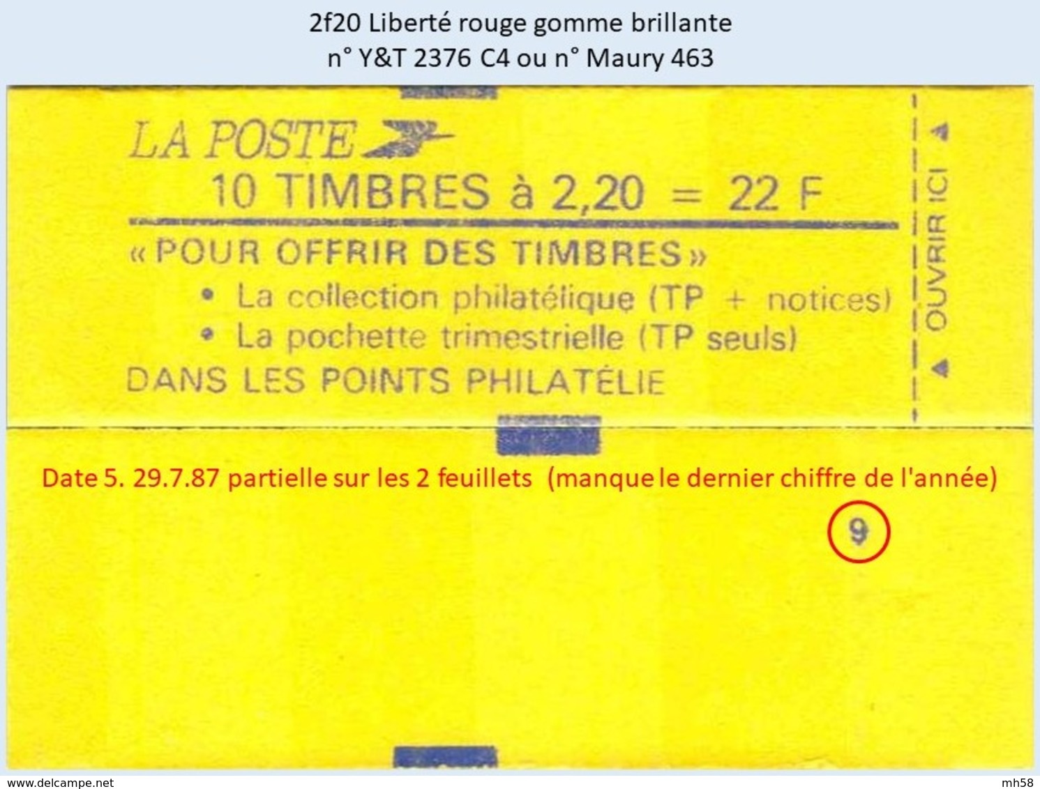 FRANCE - Carnet Conf. 9, Date 5.29.7.87 Partielle - 2f20 Liberté Rouge - YT 2376 C4 / Maury 463 - Autres & Non Classés