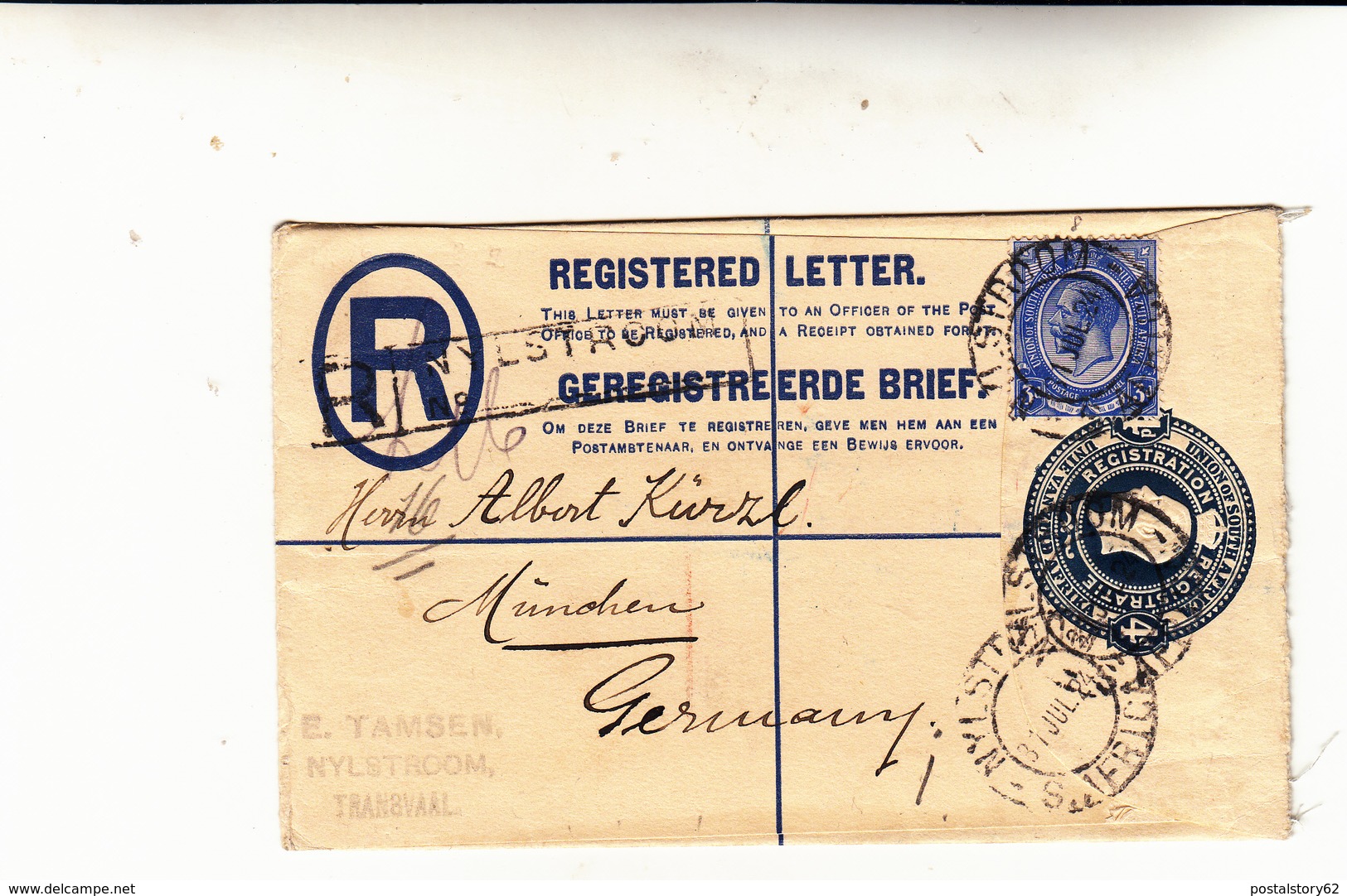 Registered Letter, Union Of South Africa Per Monaco, Germany. 1924 - Covers & Documents