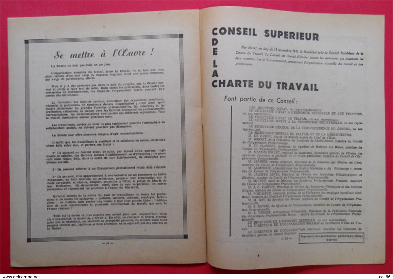 ww2 Légion Française des Combattans et Volontaires 1941 Brochure Charte du Travail avec organigramme détaché