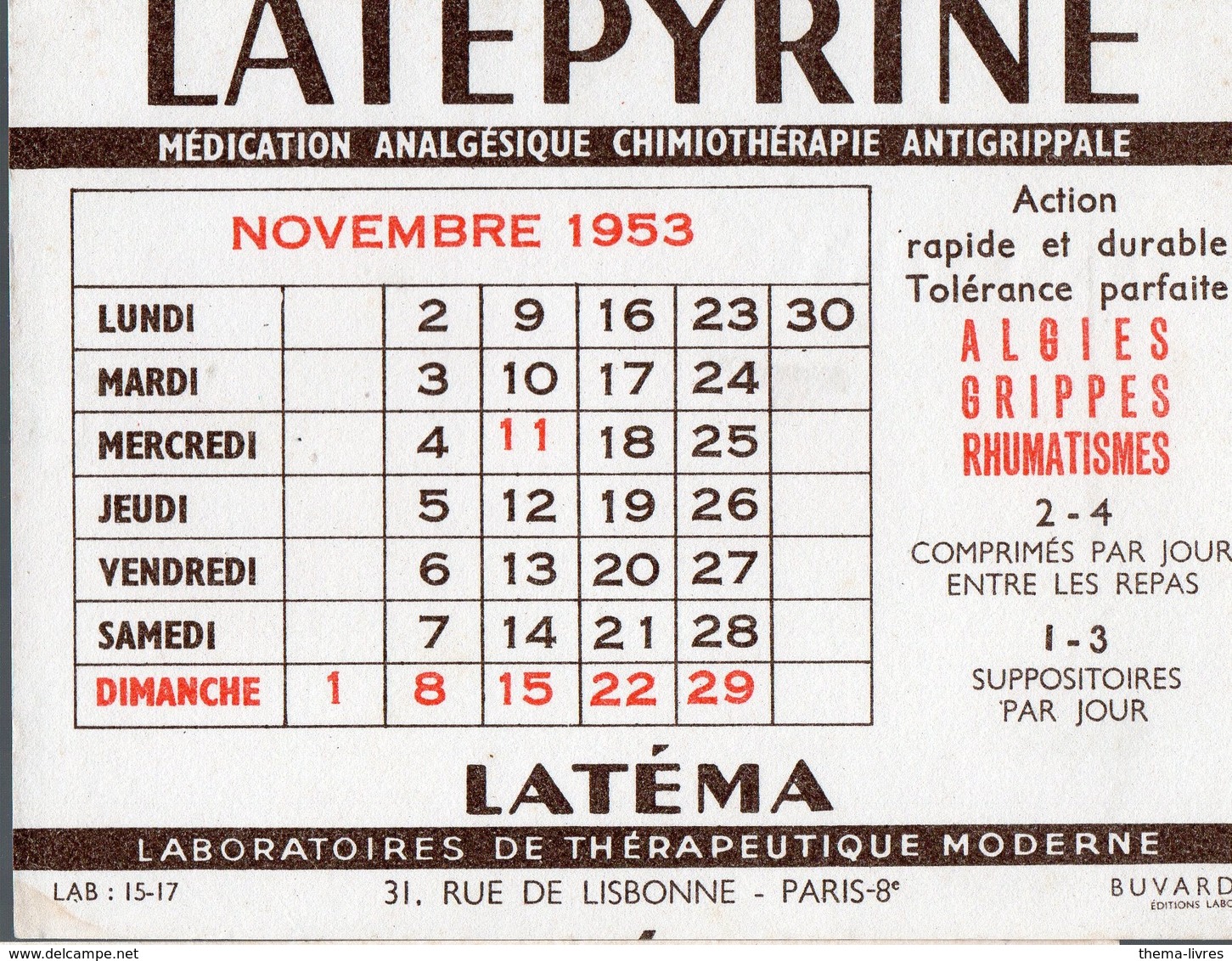 Buvard LATEPYRINE Février 1953  (PPP14989) - Chemist's