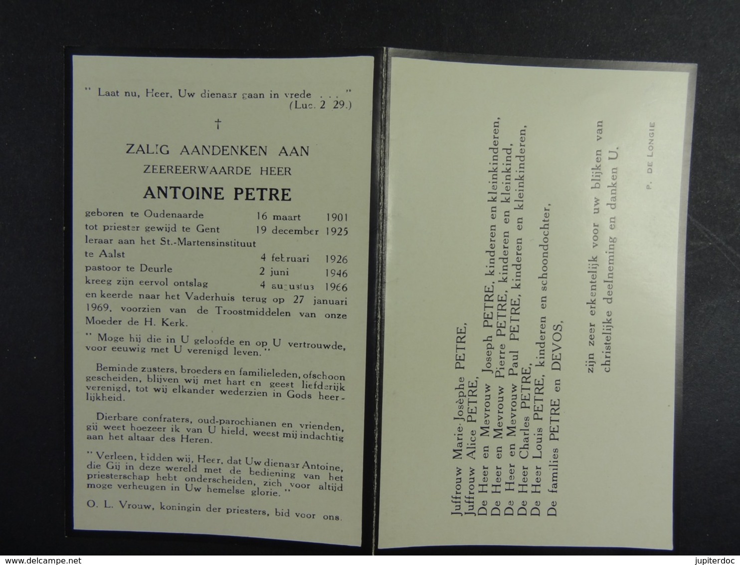 Zeer Eerwarden Heer Antoine Petre Oudenaarde 1901 ? 1969 (Gent, Aalst, Deurle) /1/ - Images Religieuses
