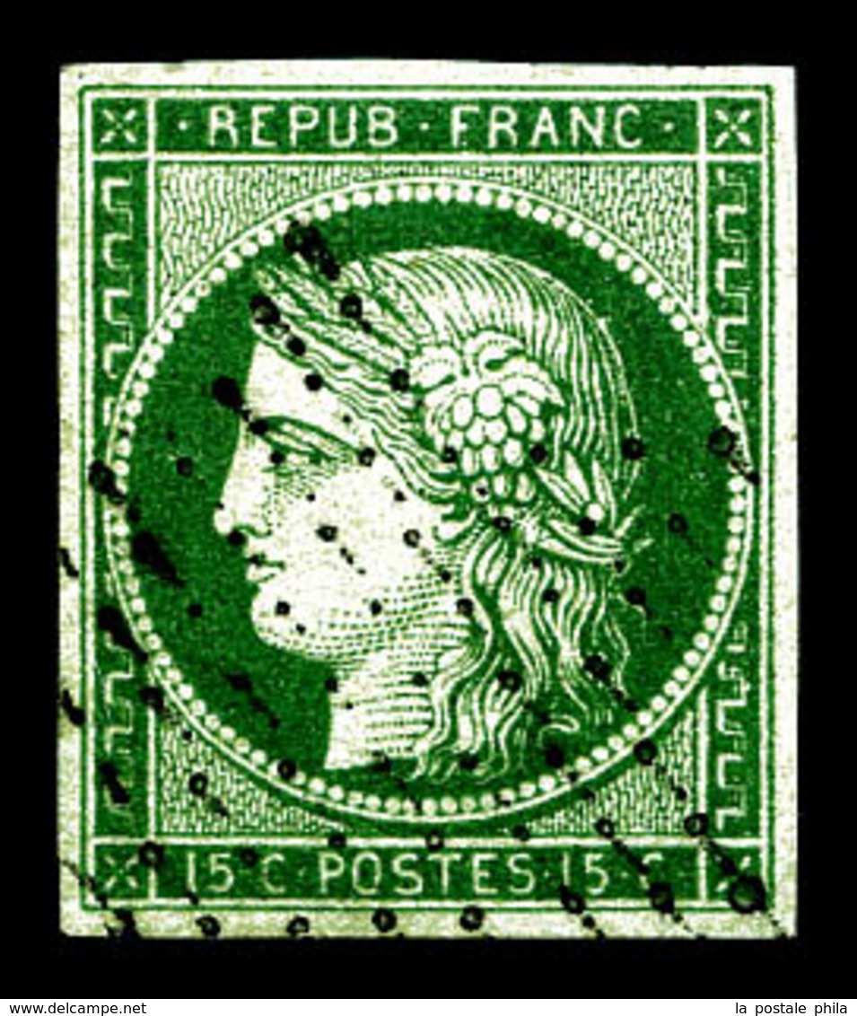 O N°2b, 15c Vert Foncé Obl Légère. TTB (certificat)  Qualité: O  Cote: 1250 Euros - 1849-1850 Ceres