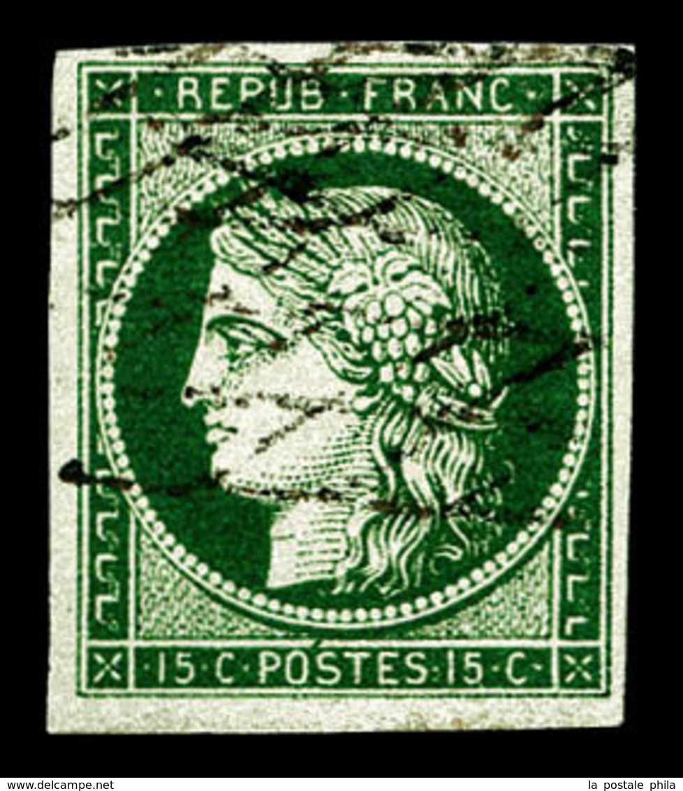 O N°2c, 15c Vert Très Foncé (vert Bouteille) Obl Grille Sans Fin, Superbe Couleur. TTB. R.R. (signé Brun/Gilbert/certifi - 1849-1850 Ceres