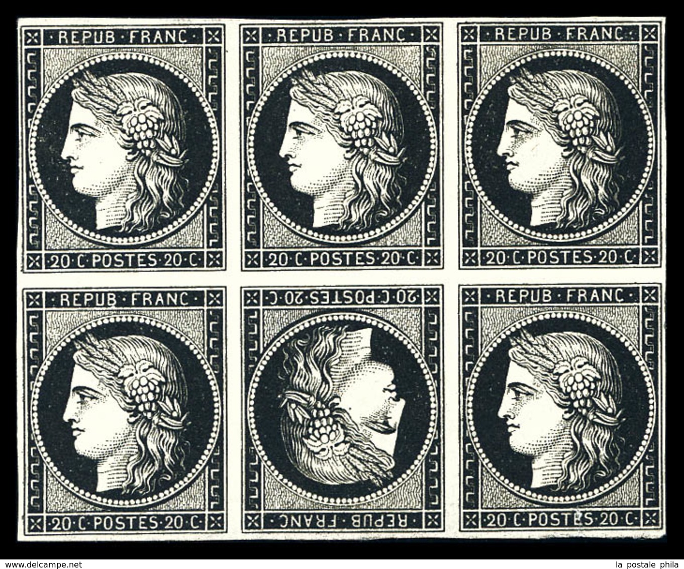 (*) N°3d, 20c Noir, Bloc De 6 Avec Tête-bêche Au Centre, Fraîcheur Postale. SUP. R.R. (signé Brun/certificats)  Qualité: - 1849-1850 Ceres