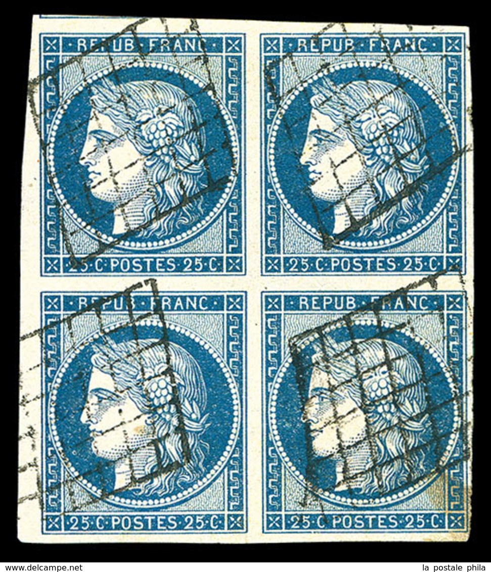 O N°4, 25c Bleu En Bloc De Quatre, Oblitération Grille Légère, Pièce Rare Et Superbe (signé Calves/certificat)  Qualité: - 1849-1850 Ceres