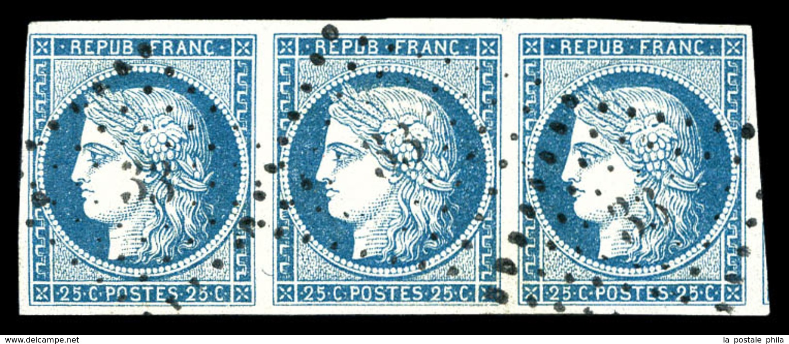 O N°4, 25c Bleu Clair, Bande De 3 Obl PC. SUP (certificat)  Qualité: O  Cote: 380 Euros - 1849-1850 Ceres