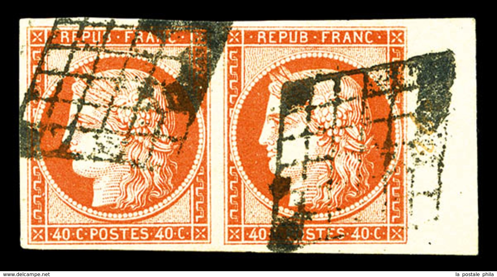 O N°5, 40c Orange En PAIRE HORIZONTALE Avec Grand Bord De Feuille Latéral Droit, Très Jolie Pièce (signé Brun/certificat - 1849-1850 Ceres